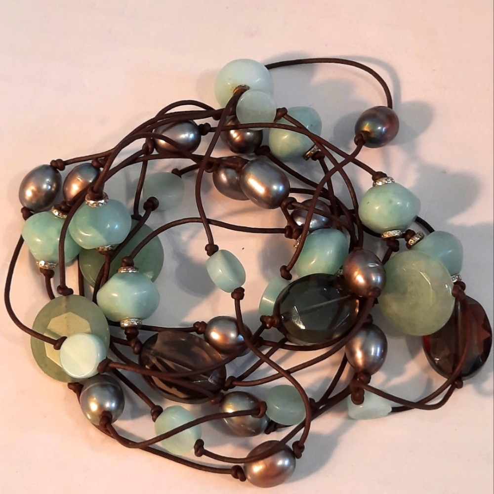 Very Long Multi-Gemstone Necklace Pearls Smoky Quarts Aventurine